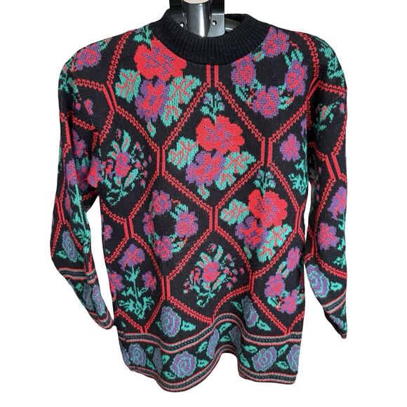 Headliners Sweaters - Vintage 80s Headliners pink green floral henley sweatshirt Med black‎ USA